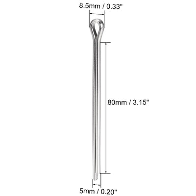 Harfington Uxcell Split Cotter Pin - 5mm x 80mm 304 Stainless Steel 2-Prongs Silver Tone 2Pcs