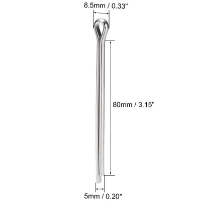 Harfington Uxcell Split Cotter Pin - 5mm x 80mm 304 Stainless Steel 2-Prongs Silver Tone 8Pcs