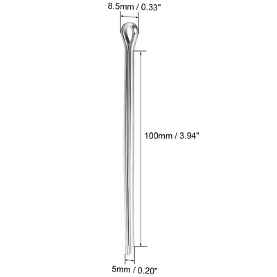 Harfington Uxcell Split Cotter Pin - 5mm x 100mm 304 Stainless Steel 2-Prongs Silver Tone 2Pcs
