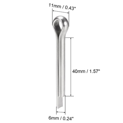 Harfington Uxcell Split Cotter Pin - 6mm x 40mm 304 Stainless Steel 2-Prongs Silver Tone 2Pcs