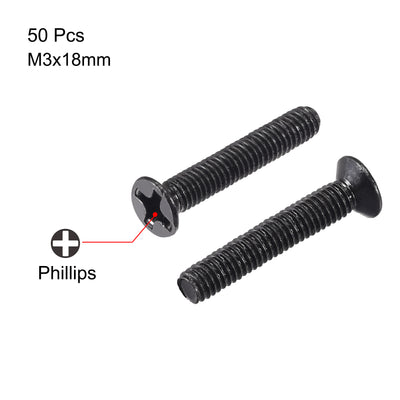 Harfington Uxcell M3 x 18mm Phillips Flat Head Screws Carbon Steel Machine Screws Black for Home Office Computer Case Appliance Equipment 50pcs