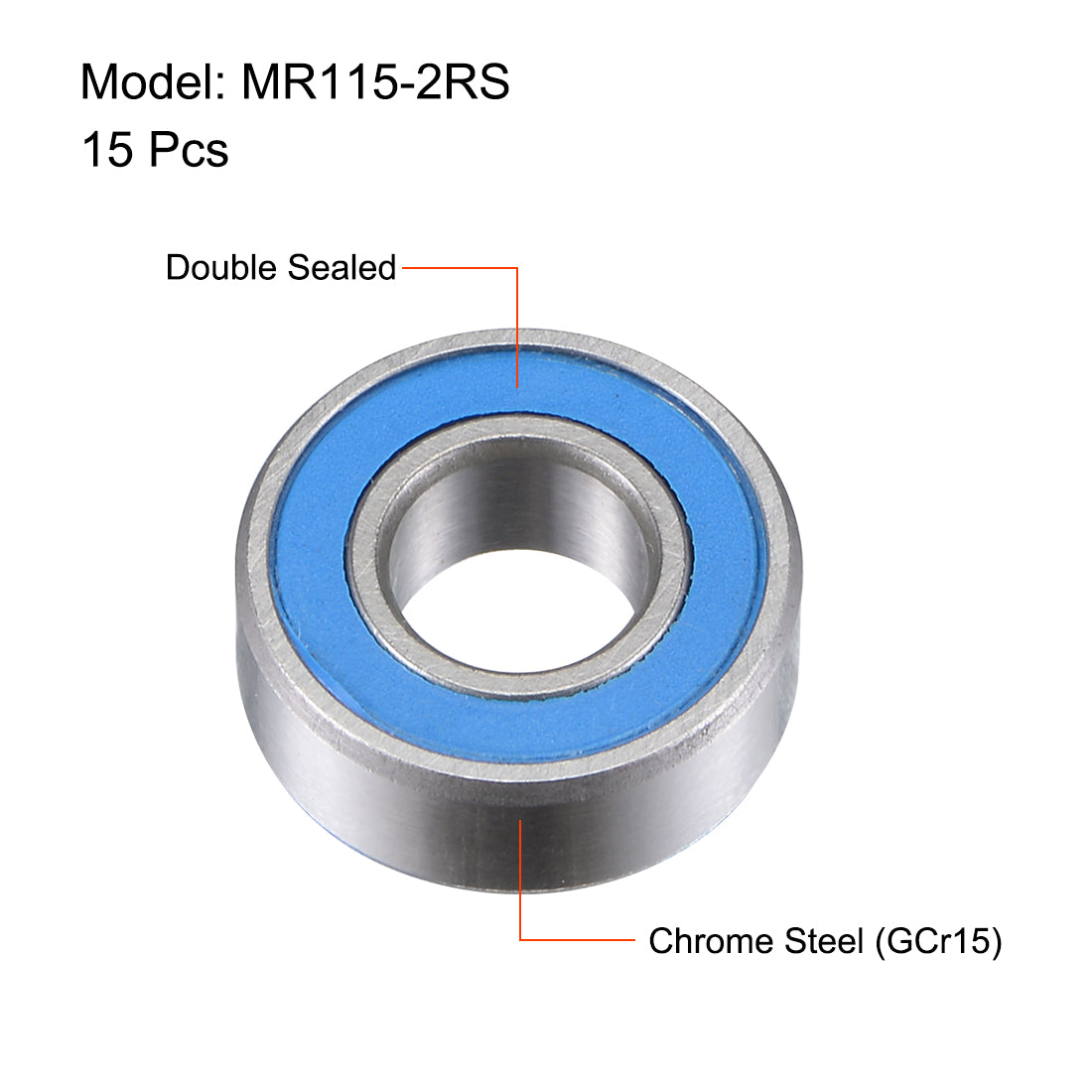 uxcell Uxcell MR115-2RS Chrome Steel Ball Bearing 5x11x4mm Double Sealed Bearings 15pcs