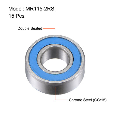 Harfington Uxcell MR115-2RS Chrome Steel Ball Bearing 5x11x4mm Double Sealed Bearings 15pcs