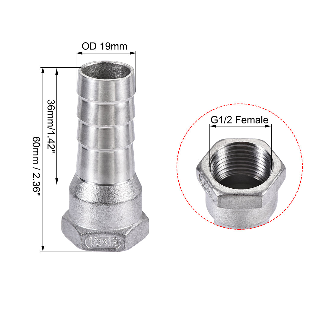 uxcell Uxcell 304 Stainless Steel Hose Barb Fitting Coupler 19mm Barb G1/2 Female Thread