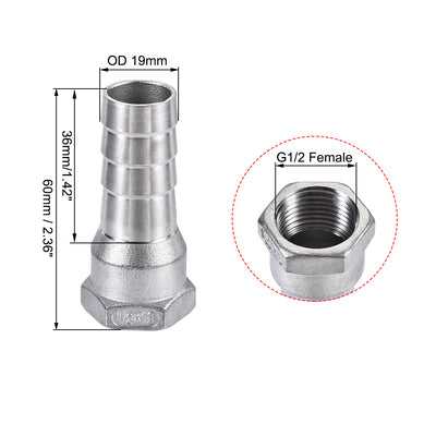 Harfington Uxcell 304 Stainless Steel Hose Barb Fitting Coupler 19mm Barb G1/2 Female Thread