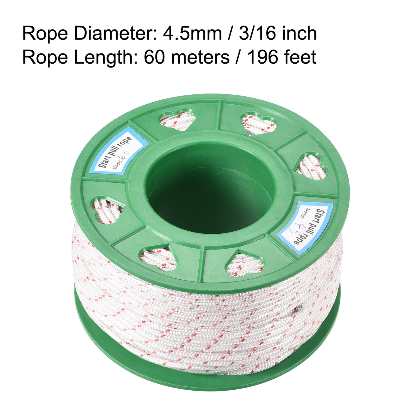 uxcell Uxcell Recoil start Rope 4.5mm 3/16 Inch Dia 60m 196ft Polyester Pull Cord White Red for Lawn Mower Trimmer Engine Replacement Part