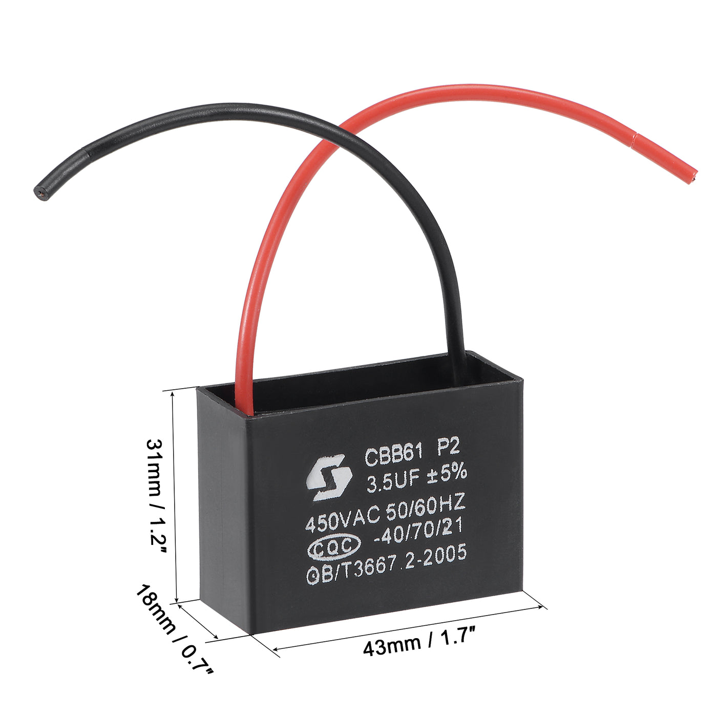uxcell Uxcell Ceiling Fan Capacitor CBB61 3.5uF 450V AC 2 Wires Metallized Polypropylene Film Capacitor 43x31x18mm for Electric Fan Pump Motor Generator 2Pcs