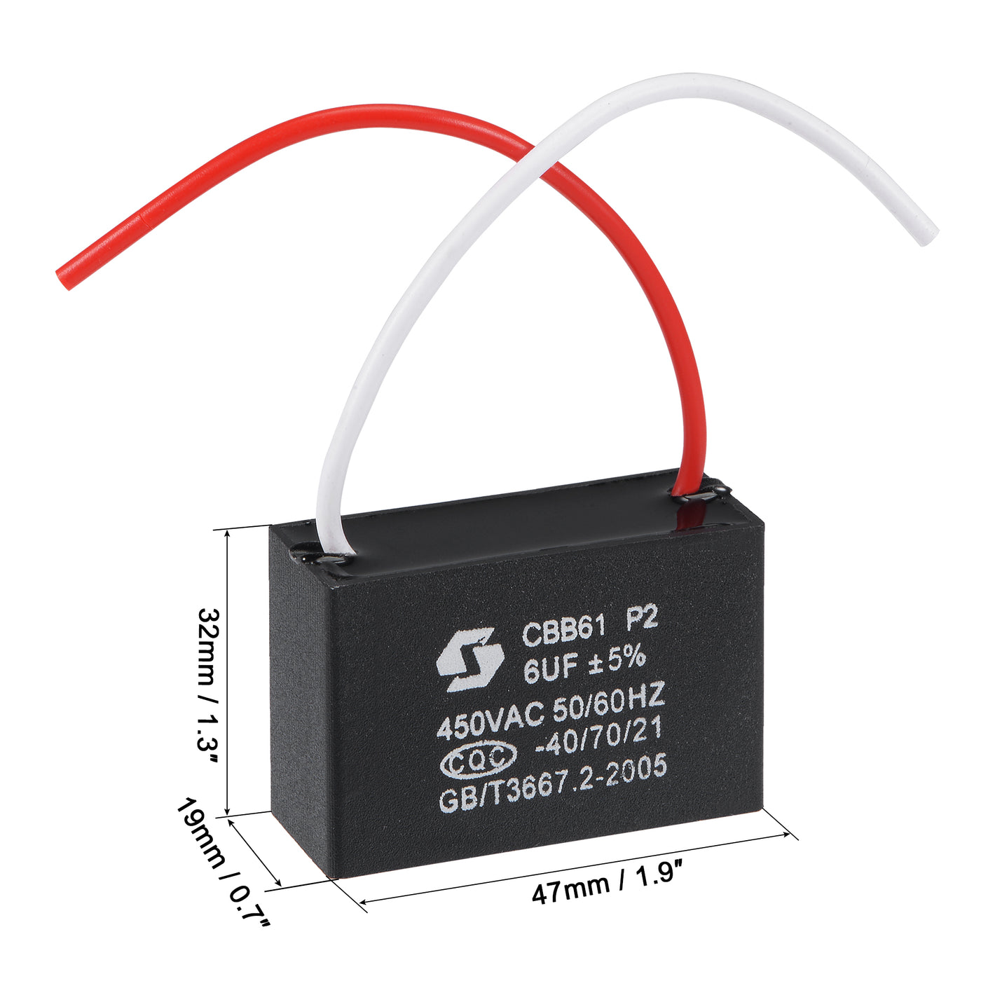 uxcell Uxcell Ceiling Fan Capacitor CBB61 6uF 450V AC 2 Wires Metallized Polypropylene Film Capacitor 47x32x19mm for Electric Fan Pump Motor Generator