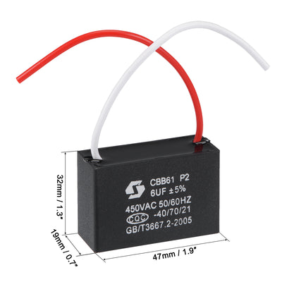 Harfington Uxcell Ceiling Fan Capacitor CBB61 6uF 450V AC 2 Wires Metallized Polypropylene Film Capacitor 47x32x19mm for Electric Fan Pump Motor Generator