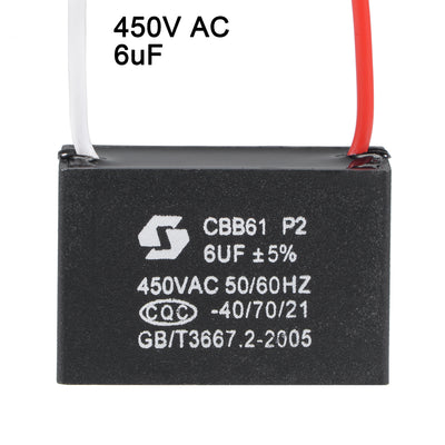 Harfington Uxcell Ceiling Fan Capacitor CBB61 6uF 450V AC 2 Wires Metallized Polypropylene Film Capacitor 47x32x19mm for Electric Fan Pump Motor Generator
