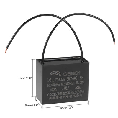 Harfington Uxcell Ceiling Fan Capacitor CBB61 16uF 350V AC 2 Wires Metallized Polypropylene Film Capacitor 58x48x30mm for Electric Fan Pump Motor Generator 3Pcs