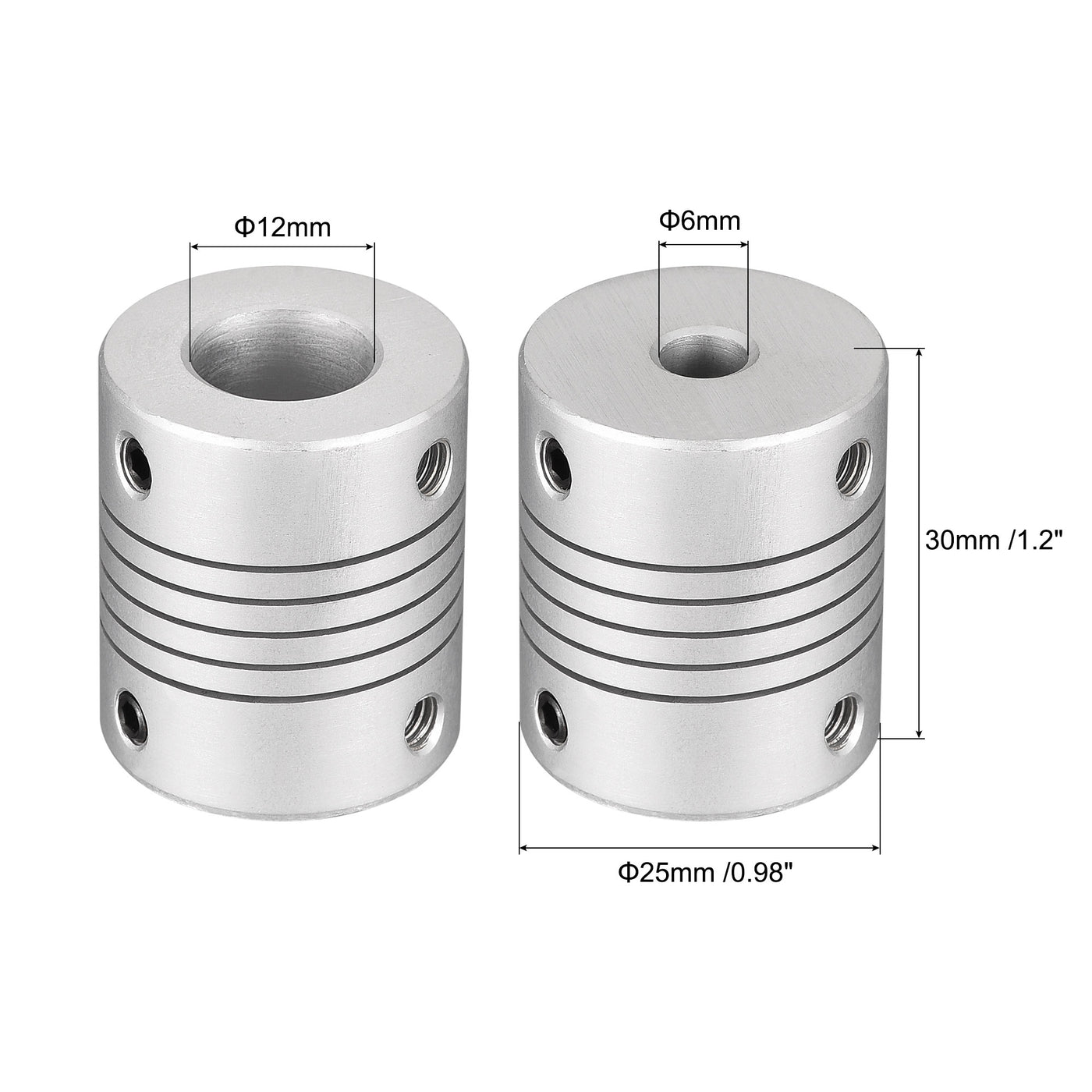 Harfington 12mm to 6mm Aluminum Alloy Shaft Coupling Flexible Coupler L30xD25 Silver