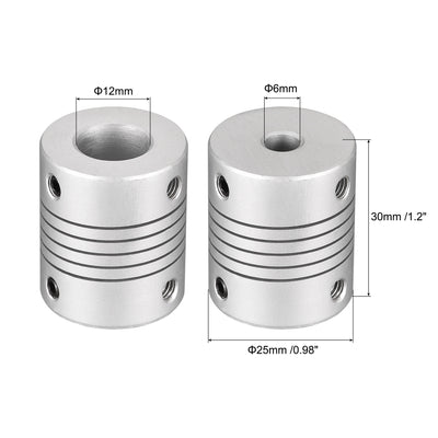 Harfington 12mm to 6mm Aluminum Alloy Shaft Coupling Flexible Coupler L30xD25 Silver