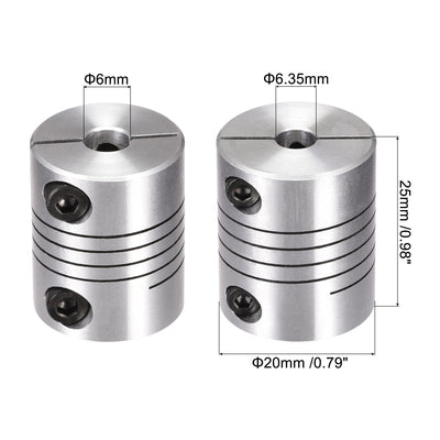 Harfington 2PCS Motor Shaft 6mm to 6.35mm Helical Beam Coupler Coupling 20mm Dia 25mm Long