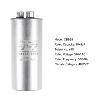 Harfington Uxcell Dual Run Capacitor Round CBB65 45/5uF MFD 370V AC 40/85/21 Aluminum Case for Air Conditioner Compressor Motor Heat Pump Condenser