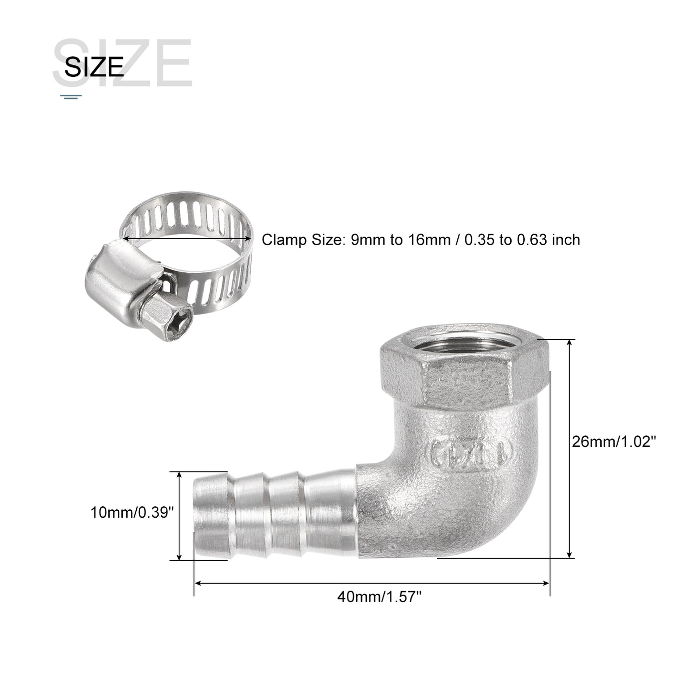 Harfington 304 Stainless Steel Hose Barb Fitting Elbow 10mm x 1/4PT Female Thread Right Angle Pipe Connector with Hose Clamp 1 Set