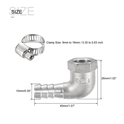 Harfington 304 Stainless Steel Hose Barb Fitting Elbow 10mm x 1/4PT Female Thread Right Angle Pipe Connector with Hose Clamp 1 Set