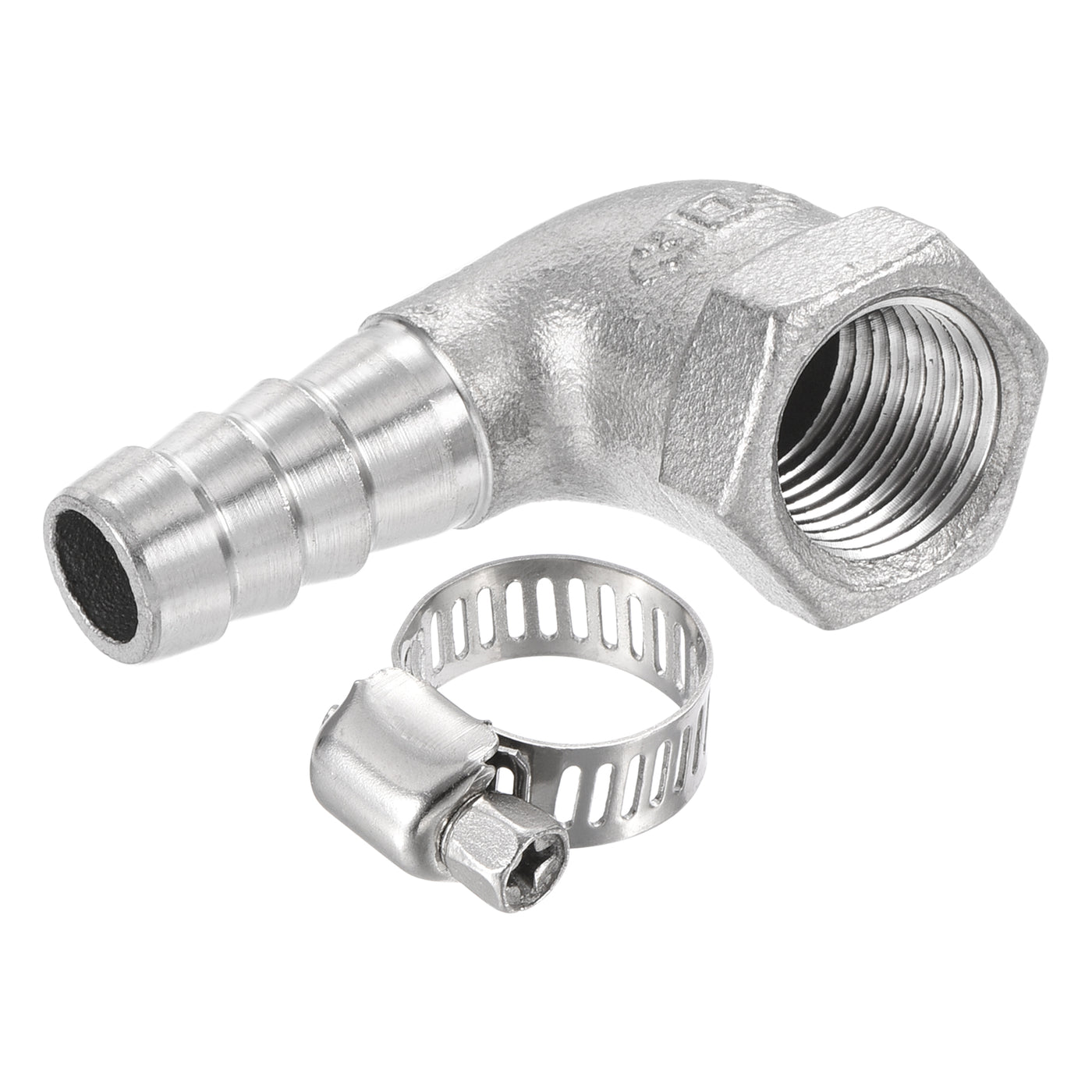 Harfington 304 Stainless Steel Hose Barb Fitting Elbow 10mm x 1/4PT Female Thread Right Angle Pipe Connector with Hose Clamp 1 Set