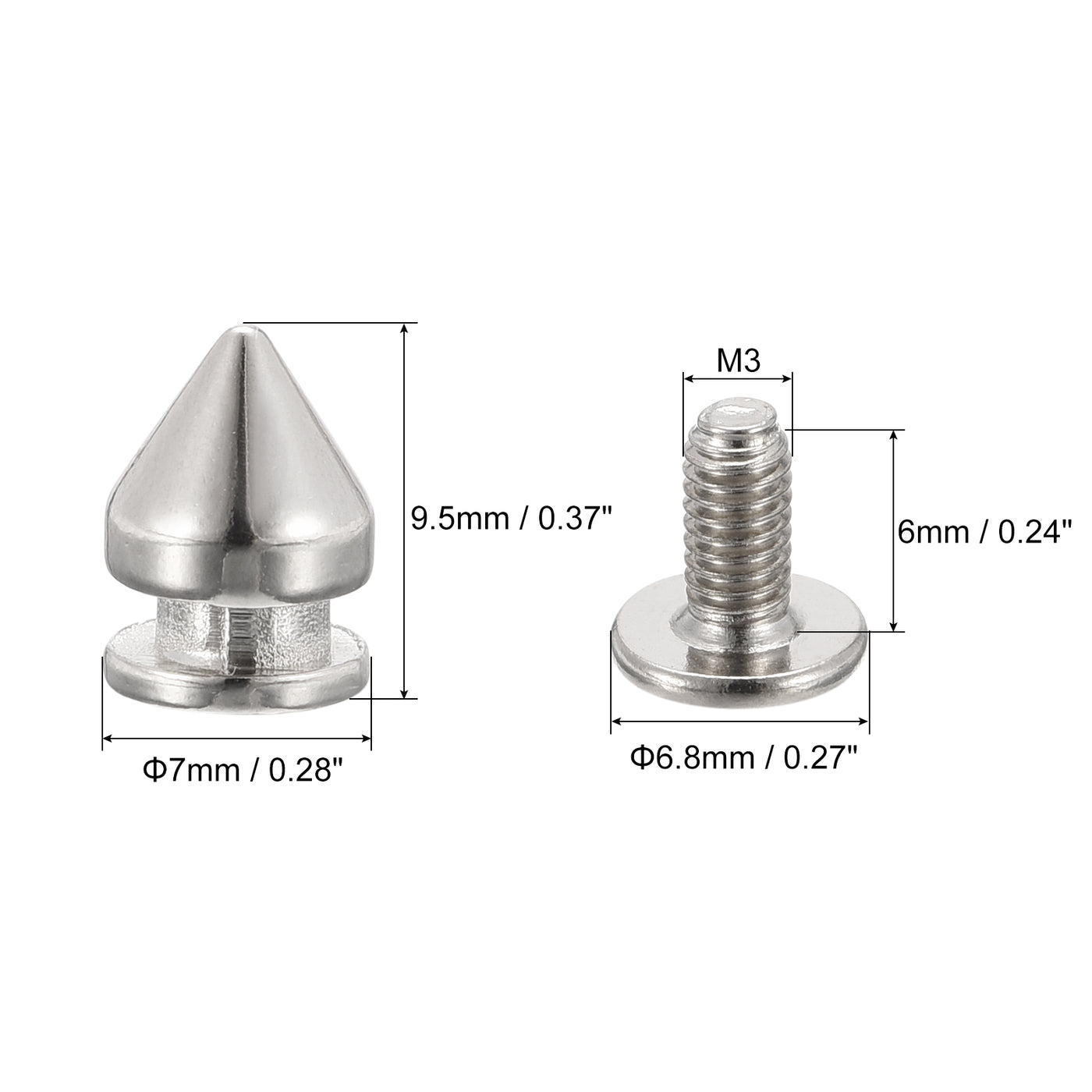 uxcell Uxcell 7x9.5mm Screw Back Stud Rivets Spikes Zinc Alloy for DIY Silver Tone 110 Sets