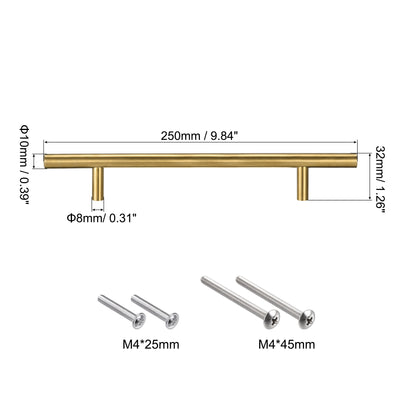 Harfington Uxcell T Bar Pull Handle, 10"(250mm) Length 10mm Dia Stainless Steel Cabinet Pulls 6.3"(160mm) Hole Center Distance Gold Tone