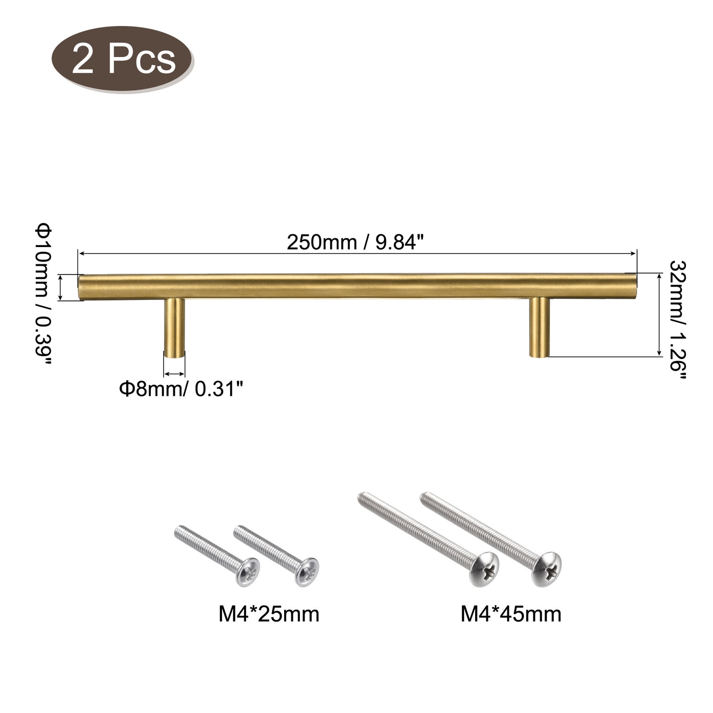 uxcell Uxcell T Bar Pull Handle, 10"(250mm) Length 10mm Dia Stainless Steel Cabinet Pulls 6.3"(160mm) Hole Center Distance Gold Tone 2pcs