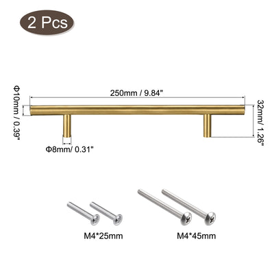 Harfington Uxcell T Bar Pull Handle, 10"(250mm) Length 10mm Dia Stainless Steel Cabinet Pulls 6.3"(160mm) Hole Center Distance Gold Tone 2pcs