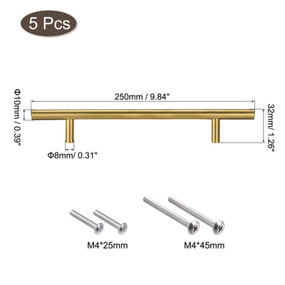 Harfington Uxcell T Bar Pull Handle, 10"(250mm) Length 10mm Dia Stainless Steel Cabinet Pulls 6.3"(160mm) Hole Center Distance Gold Tone 5pcs