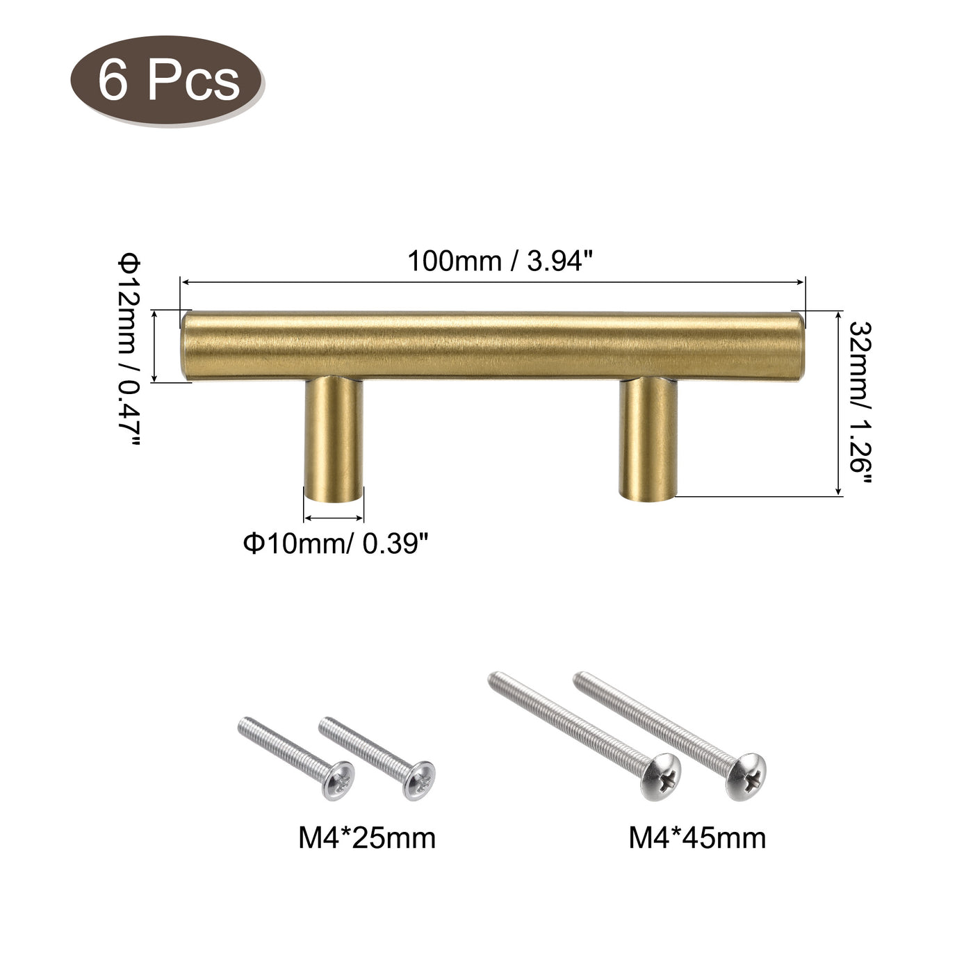 uxcell Uxcell T Bar Pull Handle, 4"(100mm) Length 12mm Dia Stainless Steel Cabinet Pulls 2.5"(64mm) Hole Center Distance, Gold Tone, 6pcs
