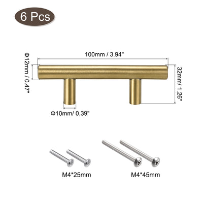 Harfington Uxcell T Bar Pull Handle, 4"(100mm) Length 12mm Dia Stainless Steel Cabinet Pulls 2.5"(64mm) Hole Center Distance, Gold Tone, 6pcs