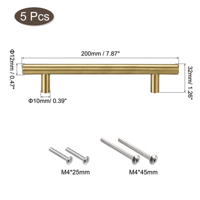 Harfington Uxcell T Bar Pull Handle, 8"(200mm) Length 12mm Dia Stainless Steel Cabinet Pulls 5"(128mm) Hole Center Distance Gold Tone 5pcs