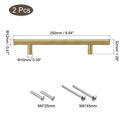 Harfington Uxcell T Bar Pull Handle, 10"(250mm) Length 12mm Dia Stainless Steel Cabinet Pulls 6.3"(160mm) Hole Center Distance Gold Tone 2pcs