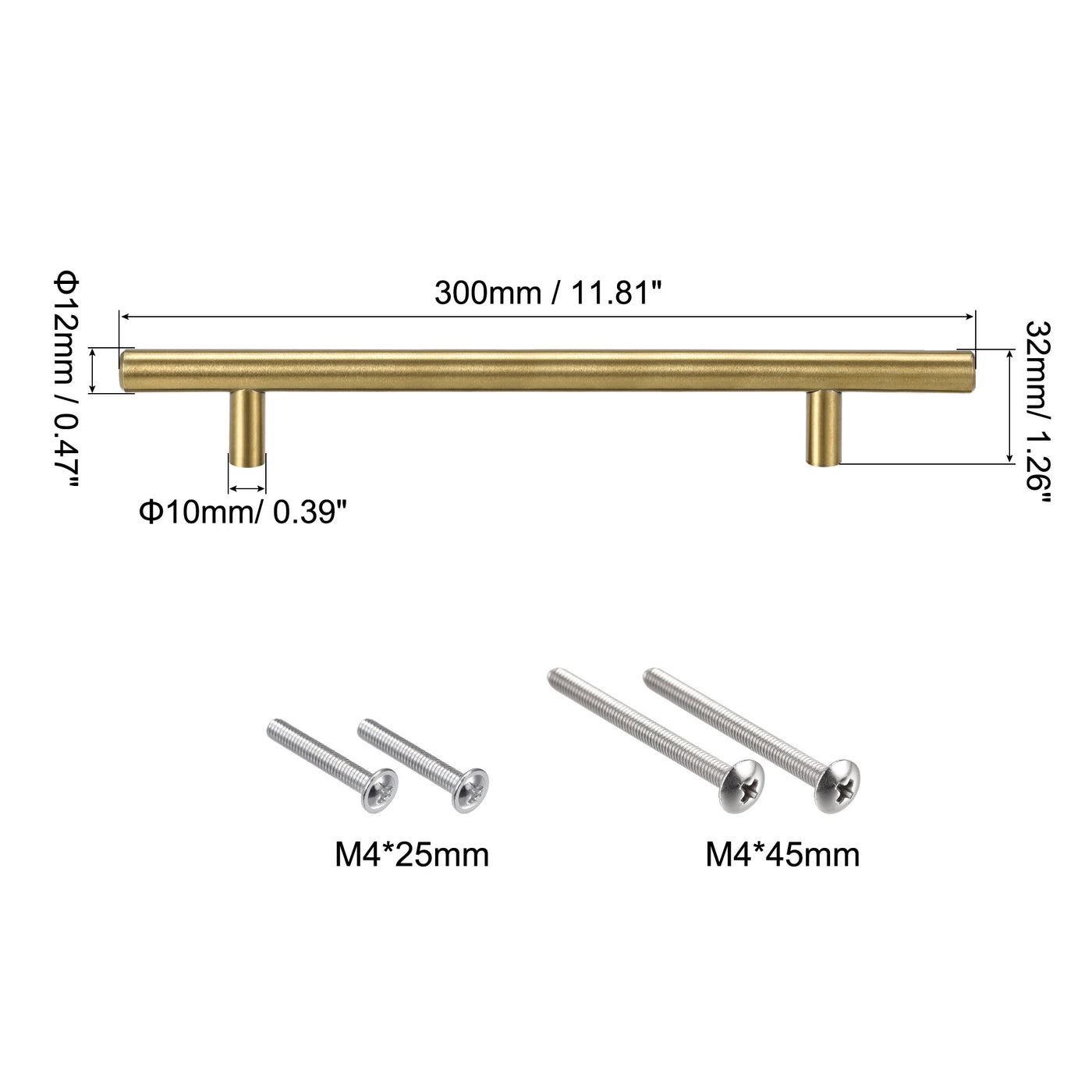 uxcell Uxcell T Bar Pull Handle, 12"(300mm) Length 12mm Dia Stainless Steel Cabinet Pulls 7.6"(192mm) Hole Center Distance Gold Tone