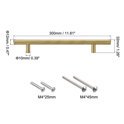 Harfington Uxcell T Bar Pull Handle, 12"(300mm) Length 12mm Dia Stainless Steel Cabinet Pulls 7.6"(192mm) Hole Center Distance Gold Tone