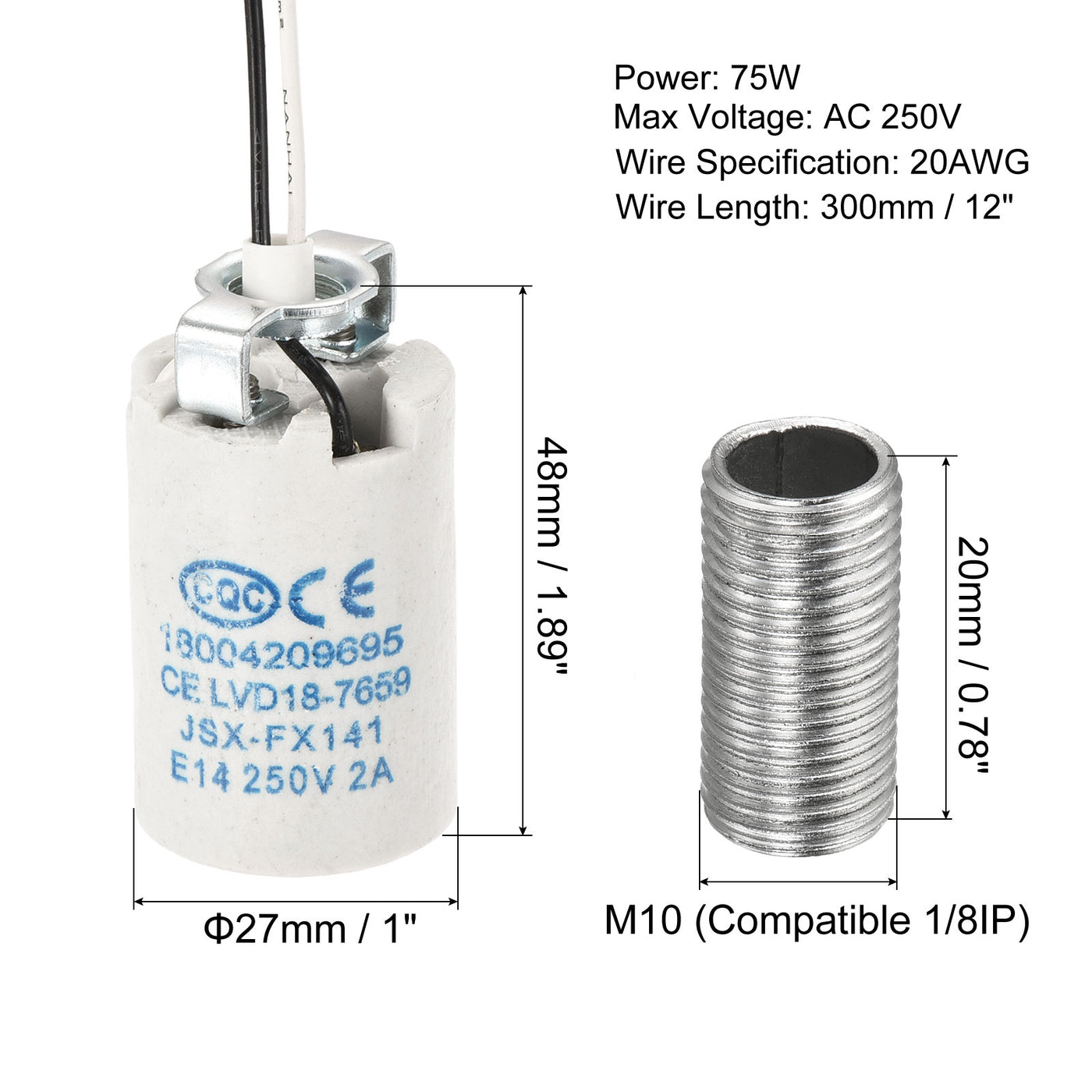 Harfington E14 Bulb Socket Ceramic Candelabra Bulb Lamp Holder with M10 Lamp Pipe Nut & Wire for E14 Incandescent Bulb, Pack of 8