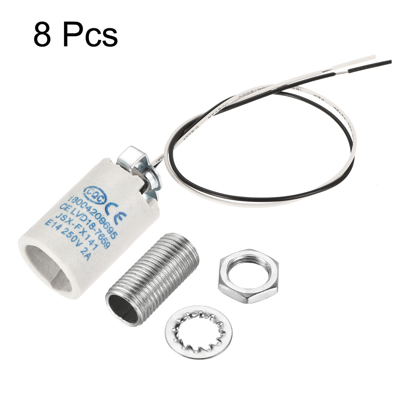 Harfington E14 Bulb Socket Ceramic Candelabra Bulb Lamp Holder with M10 Lamp Pipe Nut & Wire for E14 Incandescent Bulb, Pack of 8