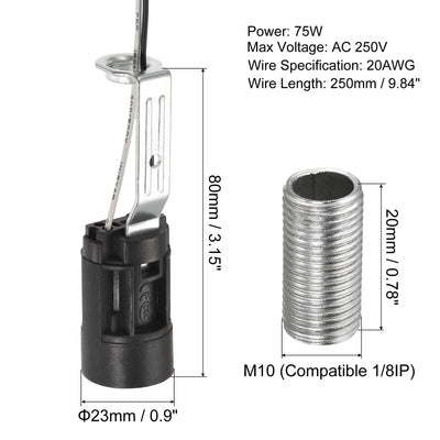 Harfington E14 Bulb Socket Plastic Bulb Candle Lamp Holder Black 23x80mm with M10 Lamp Pipe Nut & Wire for E14 Bulb, Pack of 6