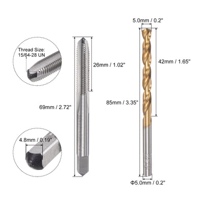 Harfington 15/64-28 UN Straight Flute Tap 5.0mm Twist Drill Bit Set Titanium Plated Tool