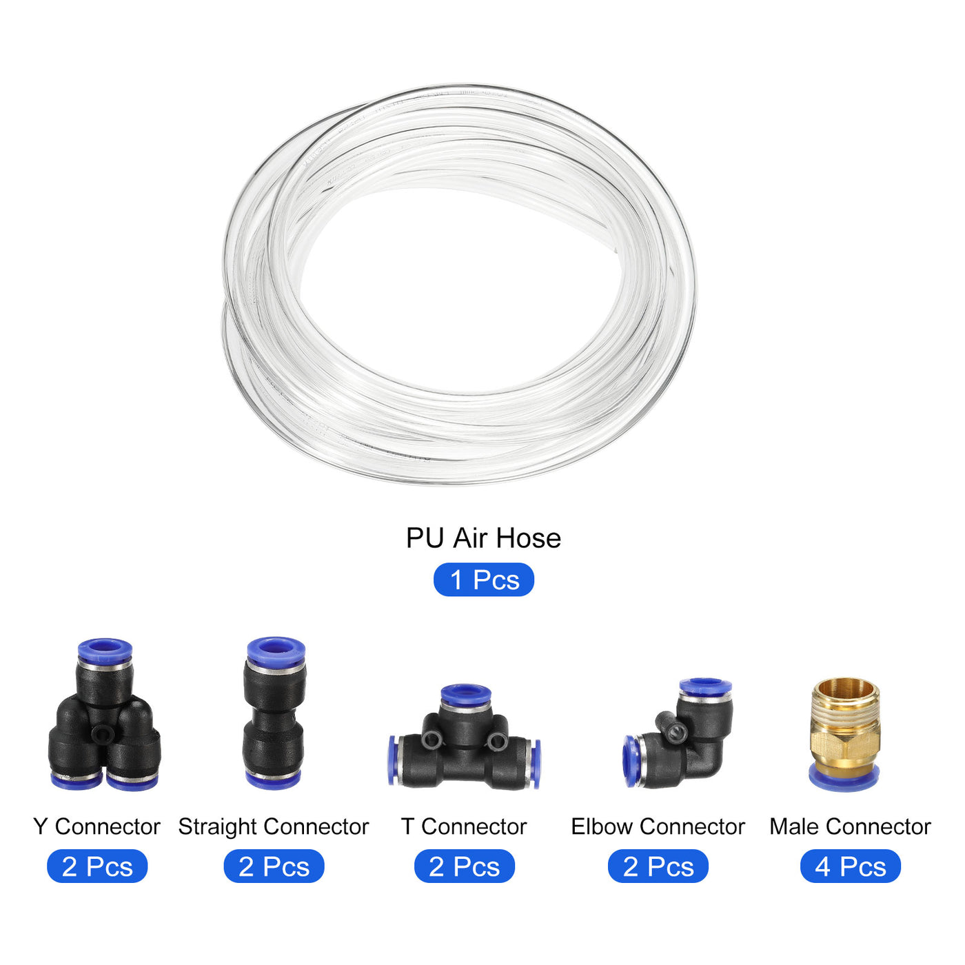 Harfington Pneumatic PU Air Hose Pipe Kit, 10mm OD 5 Meters 3/8PT Tube Connector with 12 Pack Push to Connect Fittings, Clear