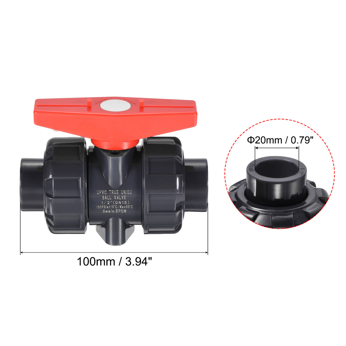 Harfington Slip Union Ball Valve, EPDM O-ring UPVC Socket Type Shut-off Valve Switch for Water Flow Control