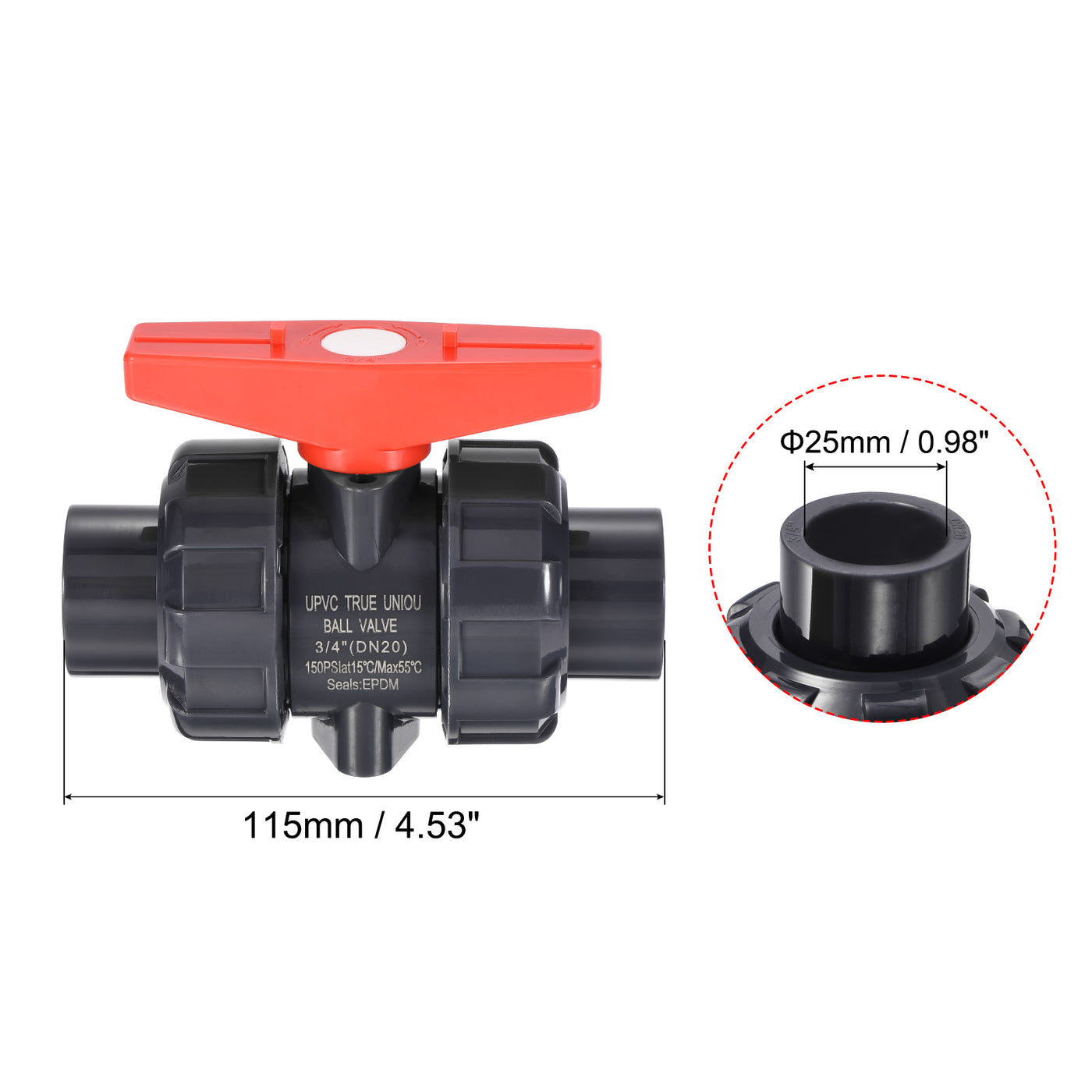 Harfington Slip Union Ball Valve, EPDM O-ring UPVC Socket Type Shut-off Valve Switch for Water Flow Control