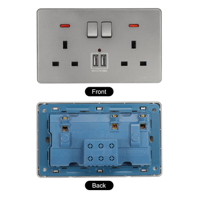 Harfington Dual UK Socket Switched Multi Outlet Dual USB Silver Grey 250V 13A 146x88mm