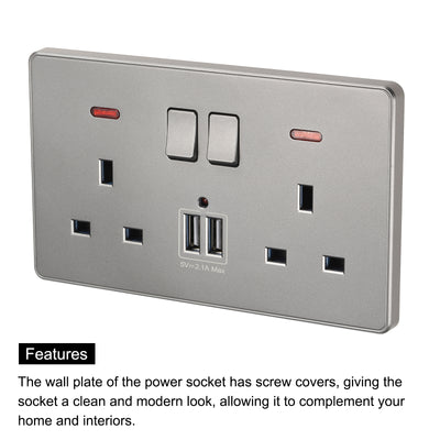 Harfington Dual UK Socket Switched Multi Outlet Dual USB Silver Grey 250V 13A 146x88mm