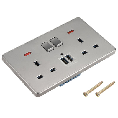 Harfington Dual UK Socket Switched Multi Outlet Dual USB Silver Grey 250V 13A 146x88mm
