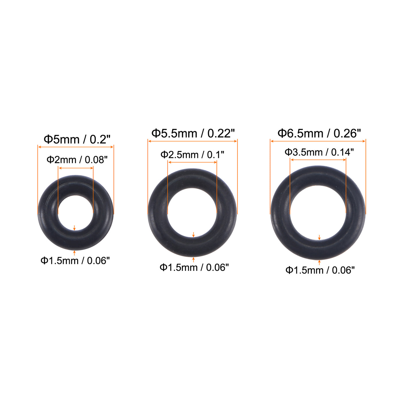 Harfington Nitrile Rubber O-Rings 5mm 5.5mm 6.5mm OD 2mm 2.5mm 3.5mm ID 1.5mm Thick Seal Gasket, Black 150in1 Set