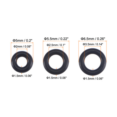 Harfington Nitrile Rubber O-Rings 5mm 5.5mm 6.5mm OD 2mm 2.5mm 3.5mm ID 1.5mm Thick Seal Gasket, Black 150in1 Set