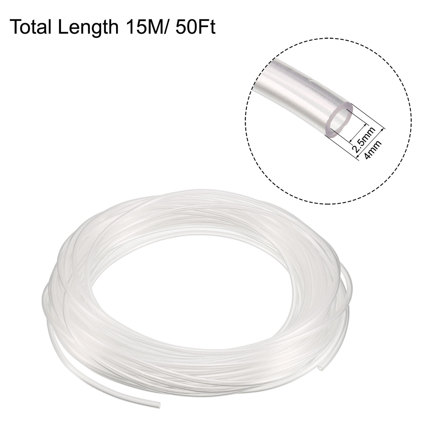 Harfington 15 Meter 50ft Transparent Polyurethane PU Air Tubing Hose Pipe 4mmx2.5mm