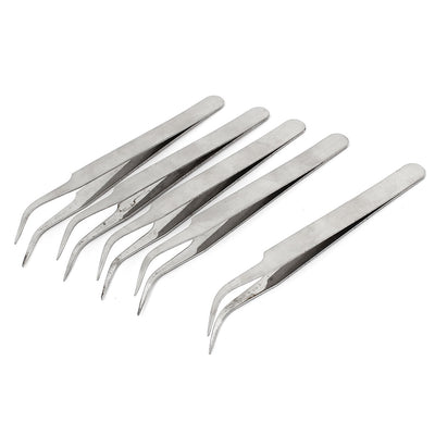 Harfington Silver Tone Stainless Steel Jewelry Anti-static Curving Fine Tip Tweezer Maintenance Tool 4.5" Length 5pcs