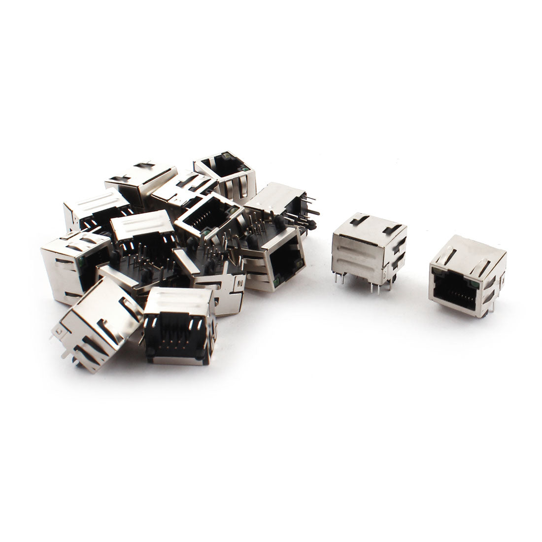 Harfington 15 Pcs Green Yellow LED Light 8Pins Horizontal Push in Shrapnel Modular Network RJ45 8P8C PCB Jacks Sockets 16mm Long