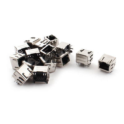 Harfington 15 Pcs Green Yellow LED Light 8Pins Horizontal Push in Shrapnel Modular Network RJ45 8P8C PCB Jacks Sockets 16mm Long