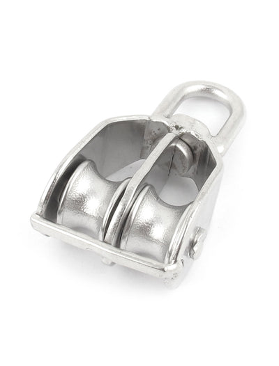 Harfington 15mm Dia Stainless Steel Double Sheave Hoist Wire Rope Pulley Wheel Block 0.035 Ton